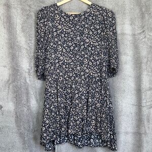 Böhme Women Floral Tiered 3/4 Sleeve Prairie Dress Sz S Spring Blue Cream White